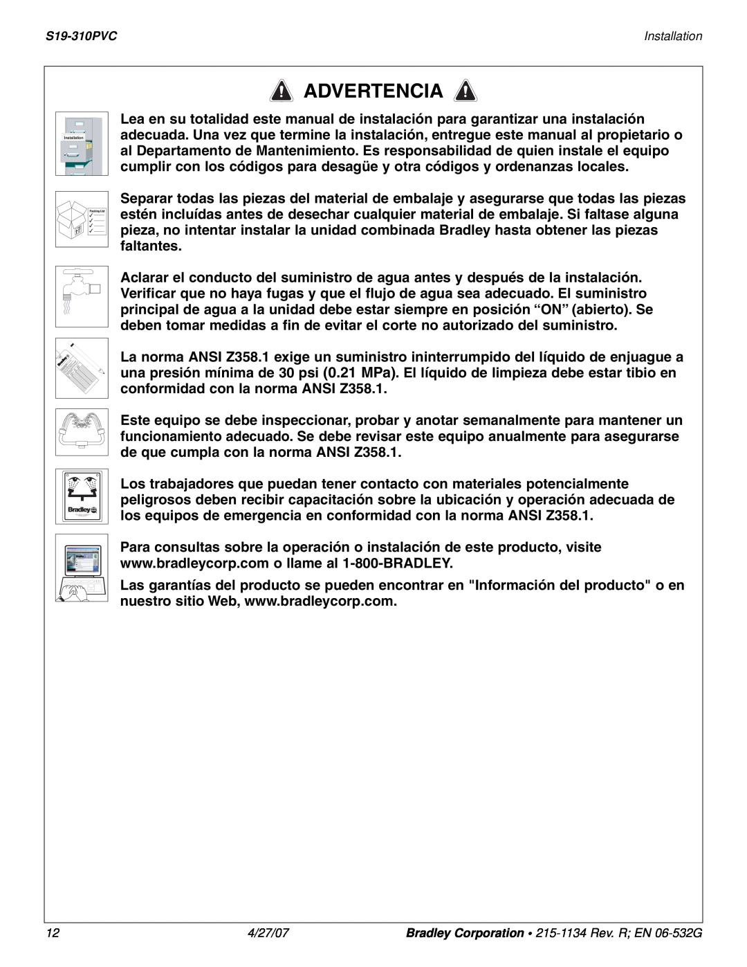 Bradley Smoker S19-310PVC installation instructions Advertencia 