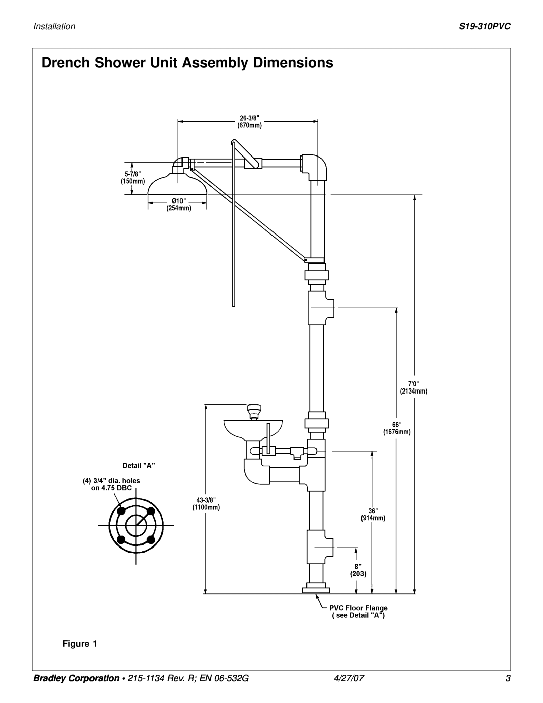 Bradley Smoker S19-310PVC installation instructions Drench Shower Unit Assembly Dimensions, Installation, 4/27/07 