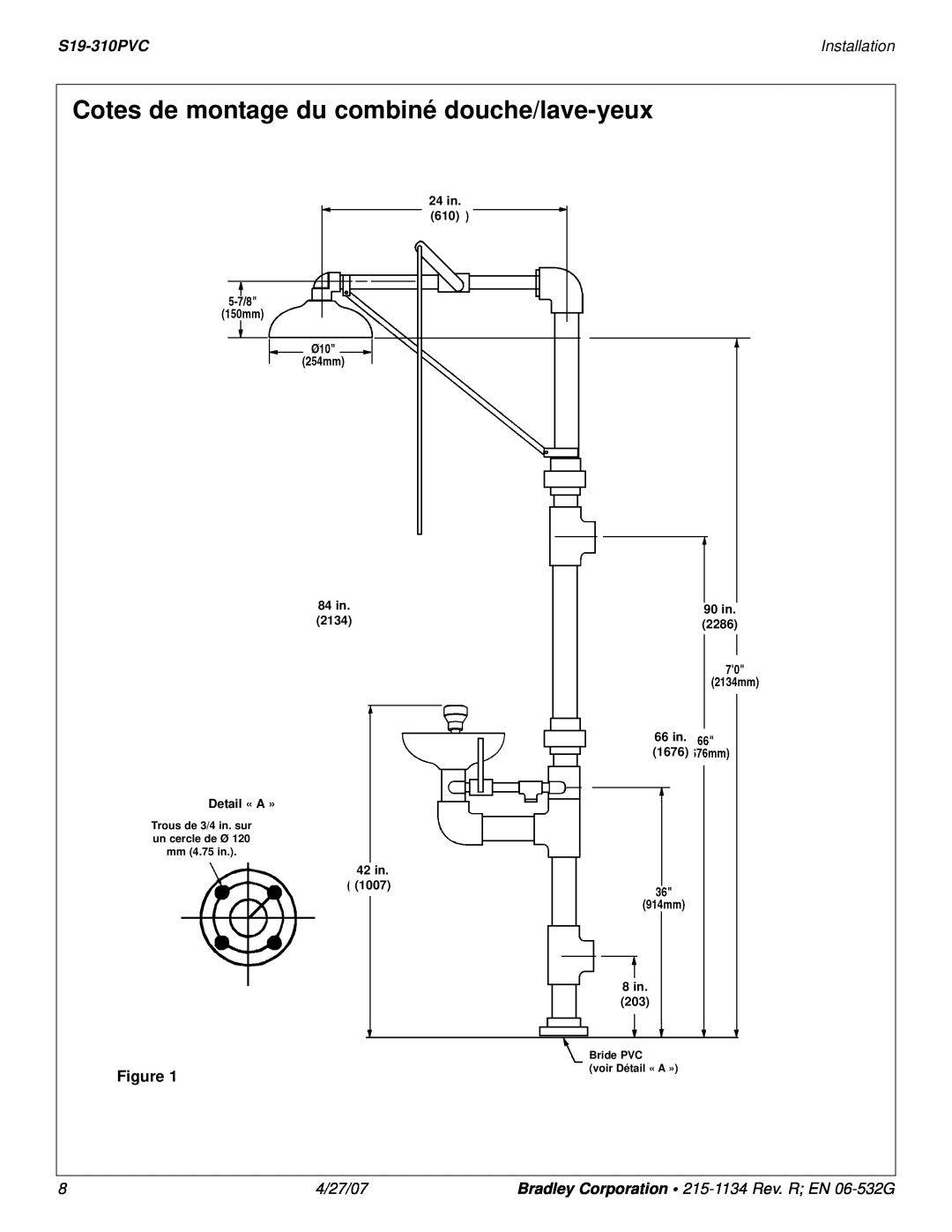 Bradley Smoker S19-310PVC Cotes de montage du combiné douche/lave-yeux, Installation, 4/27/07, 42 in 