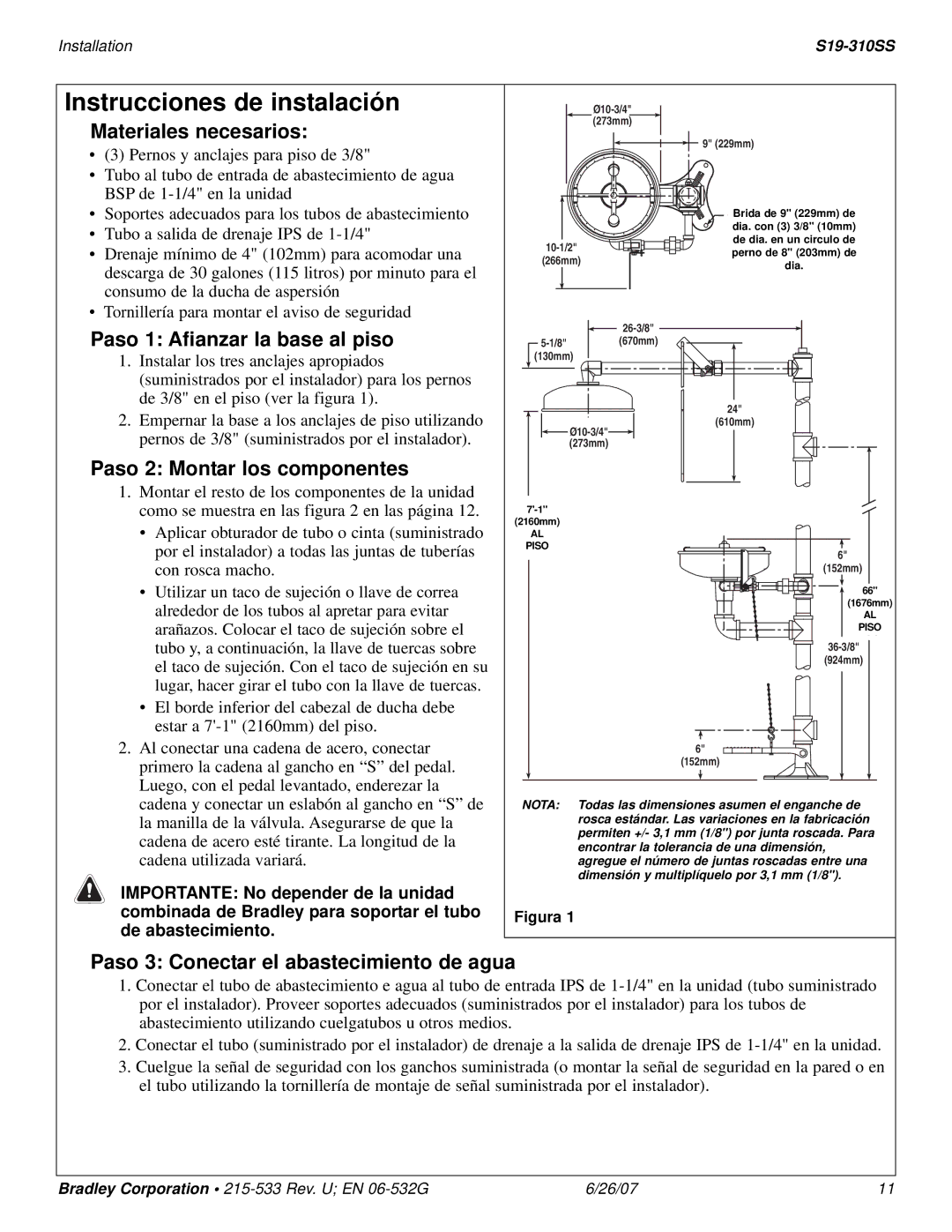 Bradley Smoker S19-310SS Instrucciones de instalación, Materiales necesarios, Paso 1 Afianzar la base al piso 