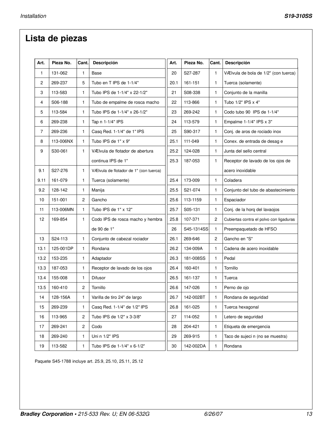 Bradley Smoker S19-310SS installation instructions Lista de piezas, Art Pieza No Cant Descripción 