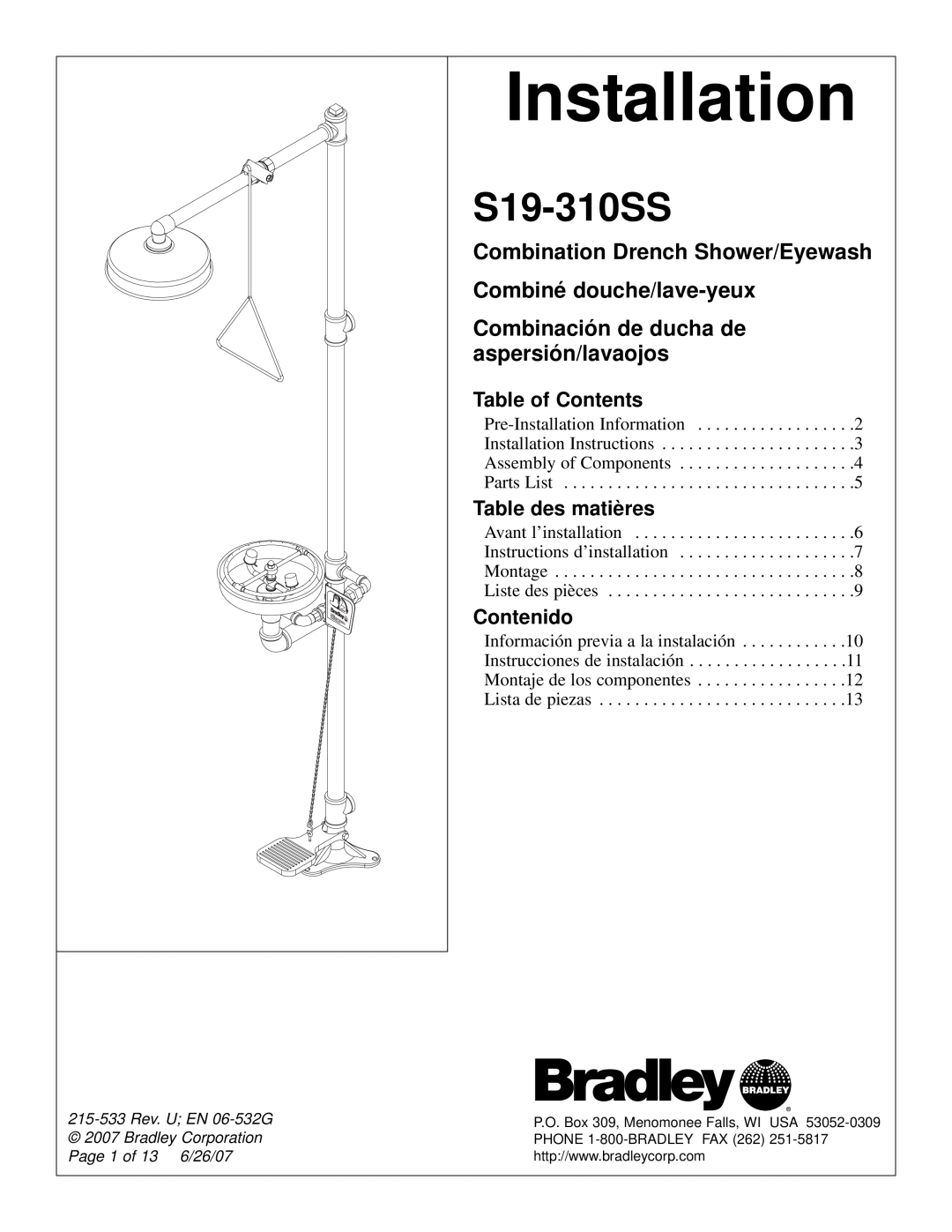 Bradley Smoker S19-310SS installation instructions Table of Contents, Table des matières, Contenido, Installation 
