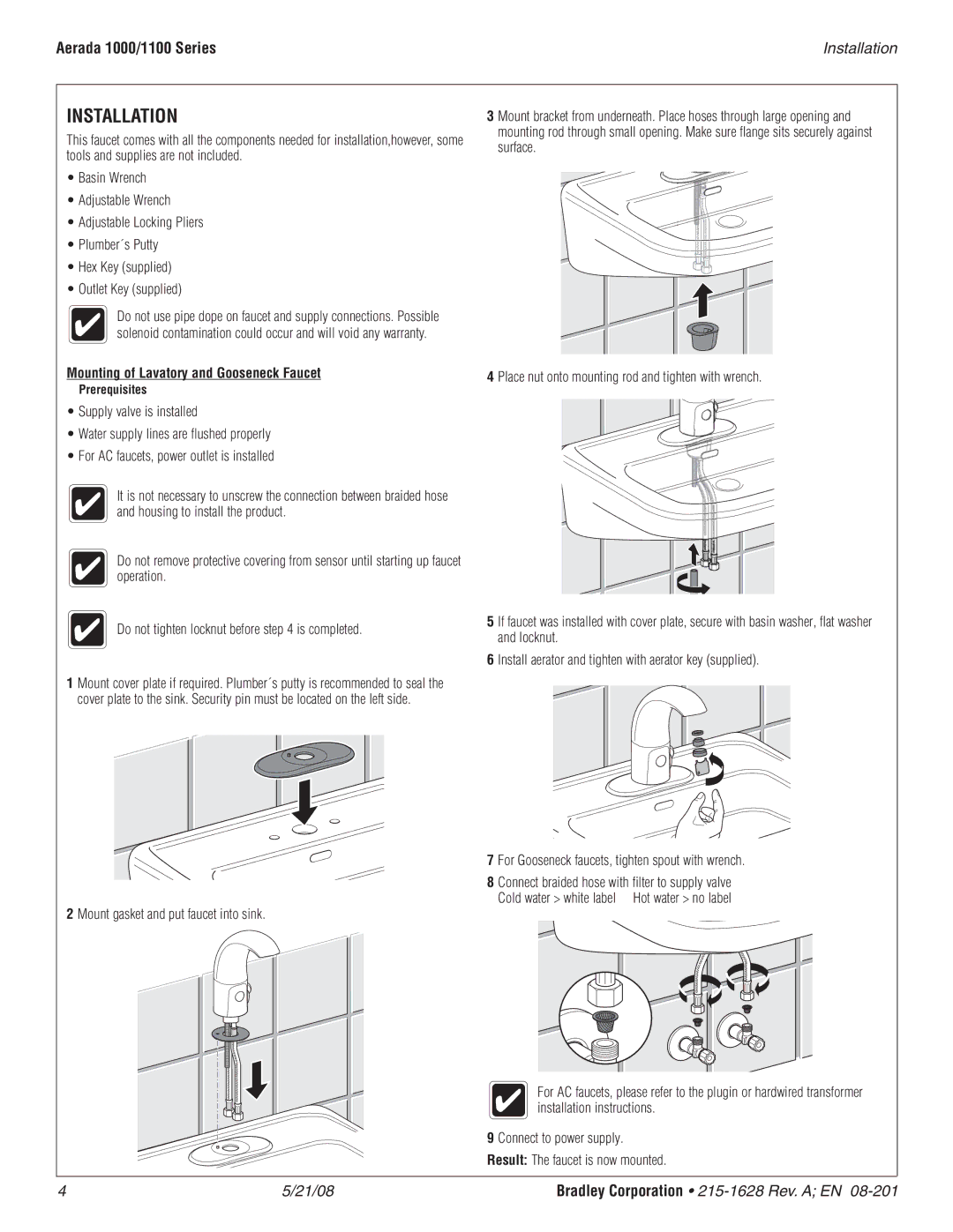 Bradley Smoker S53-327 DC, S53-326 AC, S53-329, S53-328 Installation, Mounting of Lavatory and Gooseneck Faucet 