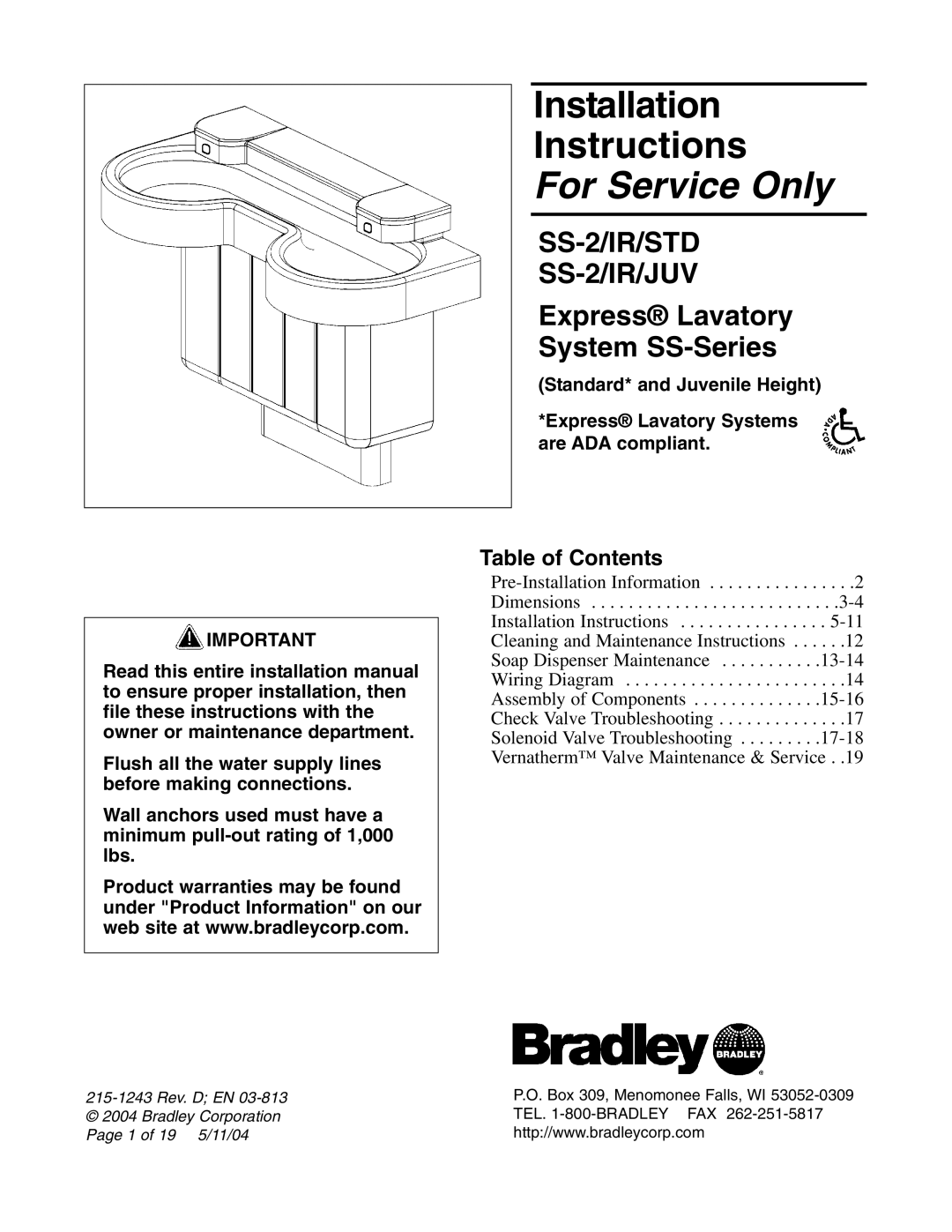 Bradley Smoker SS-2/IR/STD, SS-2/IR/JUV installation instructions For Service Only, Table of Contents 