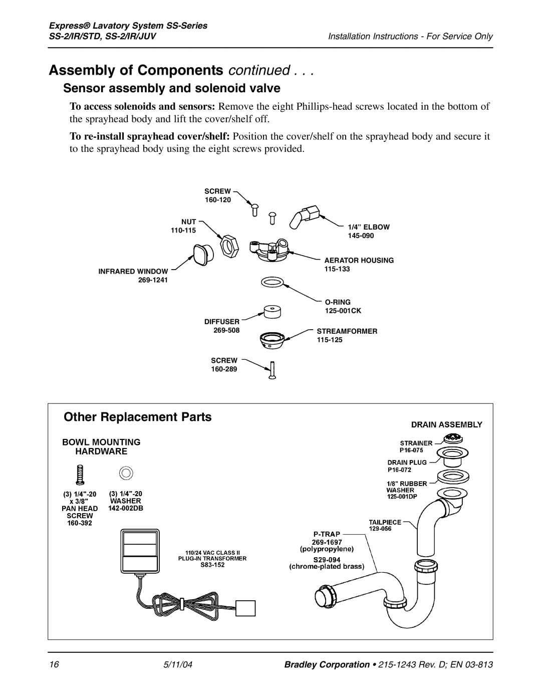 Bradley Smoker SS-2/IR/JUV, SS-2/IR/STD Sensor assembly and solenoid valve, Other Replacement Parts 