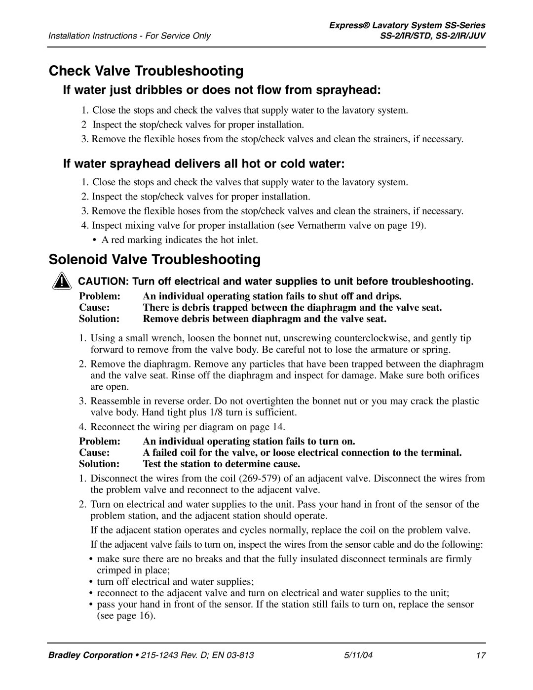 Bradley Smoker SS-2/IR/STD, SS-2/IR/JUV Check Valve Troubleshooting, Solenoid Valve Troubleshooting 