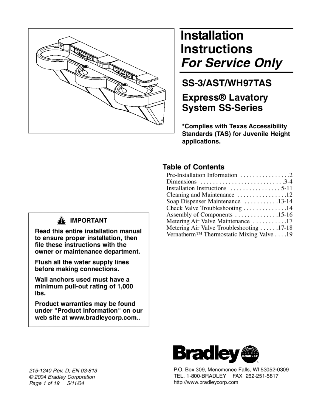 Bradley Smoker SS-3 installation instructions For Service Only, Table of Contents 