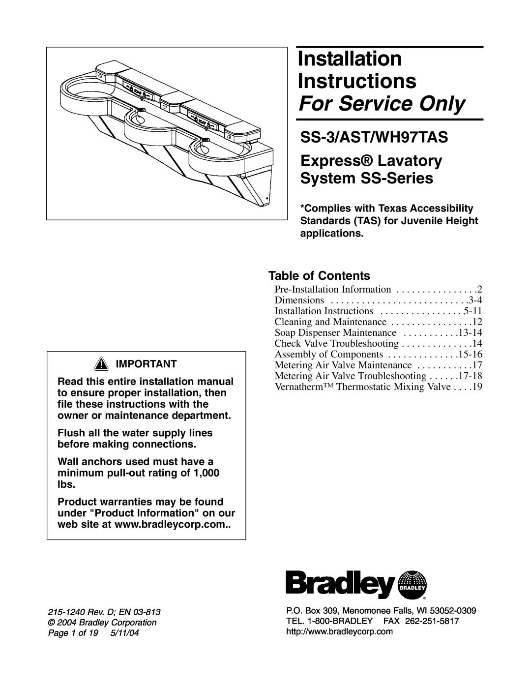 Bradley Smoker SS-3 installation instructions Table of Contents, Installation Instructions, For Service Only 