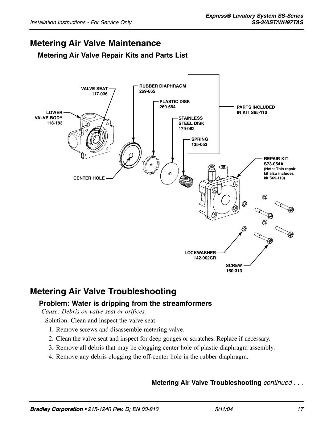 Bradley Smoker SS-3 installation instructions Metering Air Valve Maintenance, Metering Air Valve Troubleshooting 