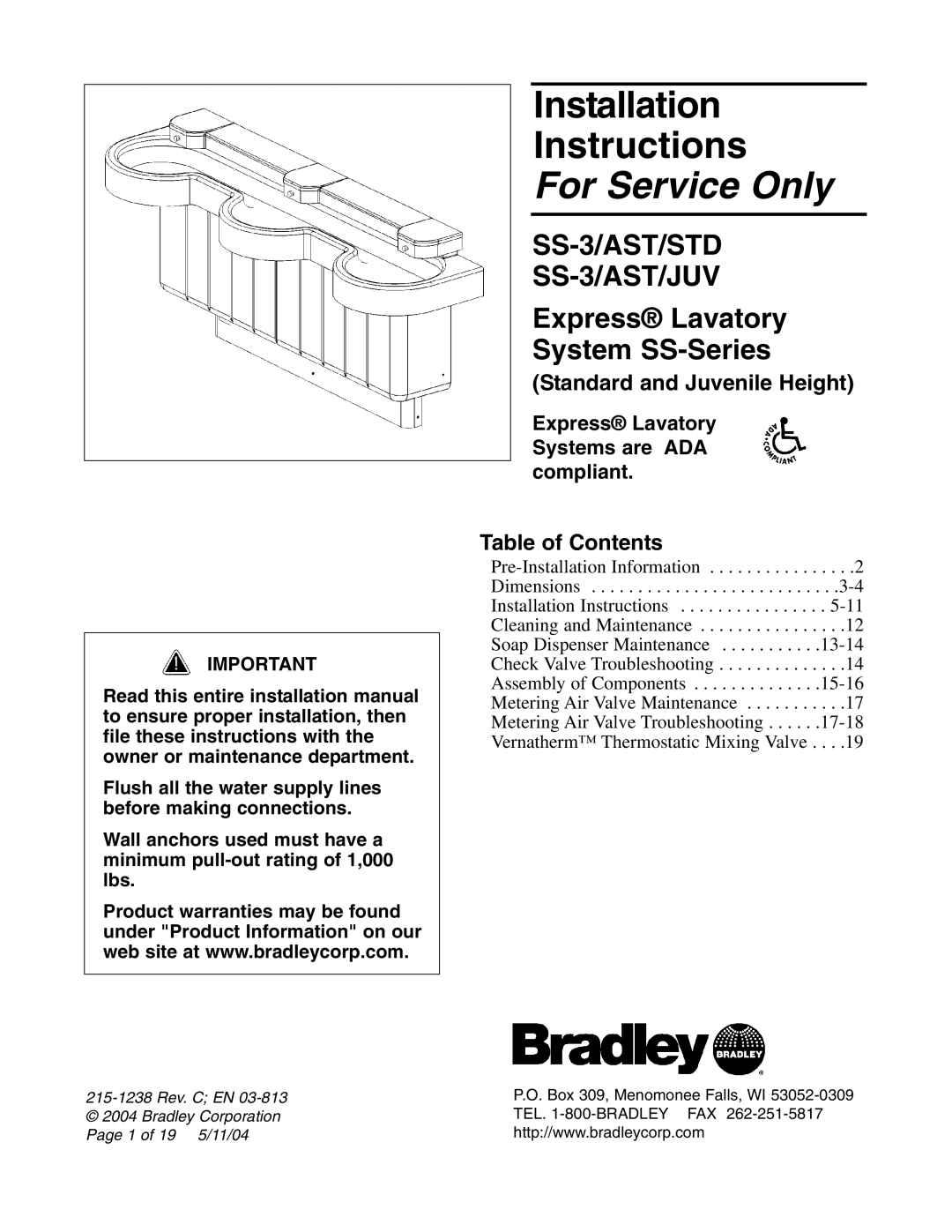 Bradley Smoker SS-3/AST/JUV, SS-3/AST/STD installation instructions Standard and Juvenile Height, Table of Contents 