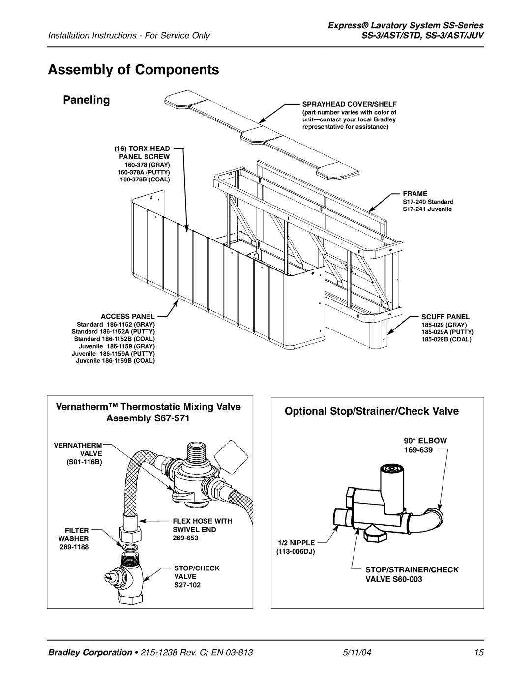 Bradley Smoker SS-3/AST/JUV, SS-3/AST/STD Assembly of Components, Paneling, Optional Stop/Strainer/Check Valve 