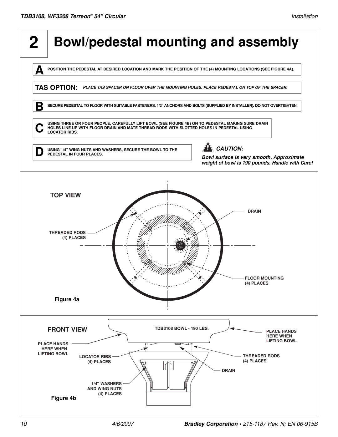 Bradley Smoker TDB3108 installation manual Bowl/pedestal mounting and assembly, Front View 