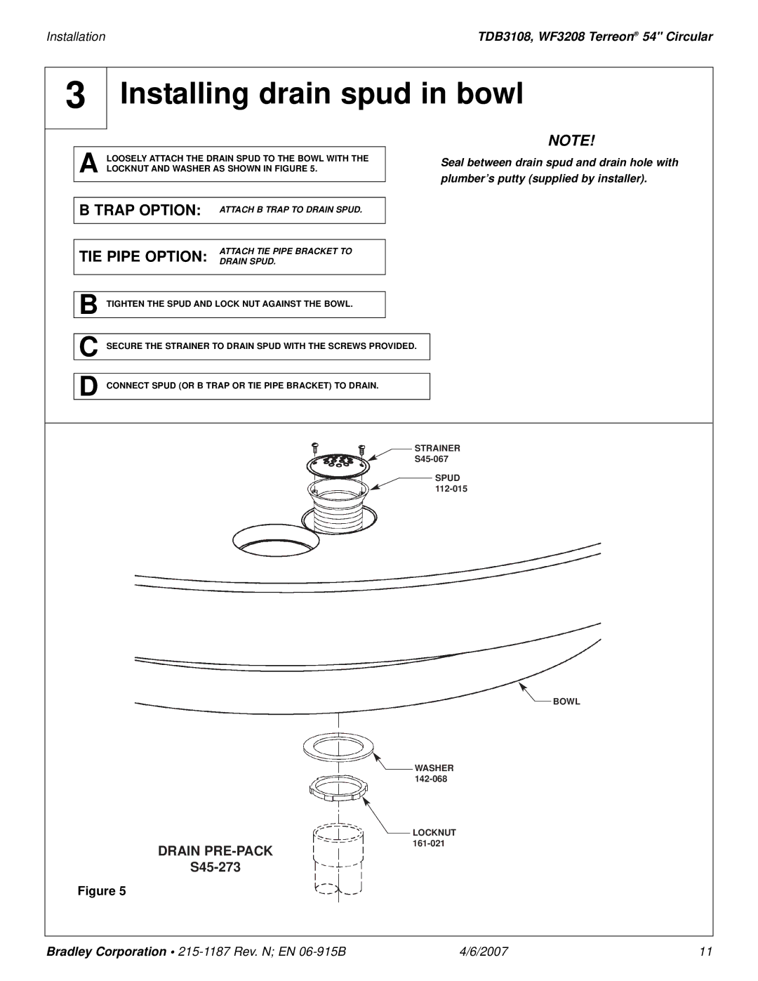 Bradley Smoker TDB3108 Installing drain spud in bowl, TIE Pipe Option Attach TIE Pipe Bracket to Drain Spud 