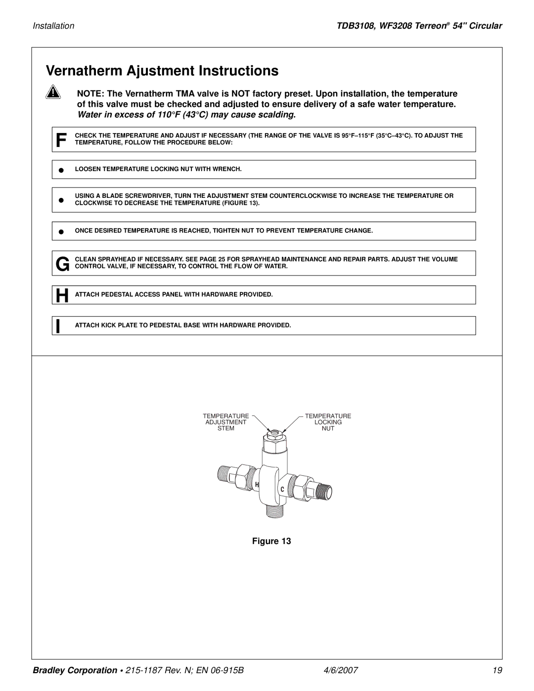 Bradley Smoker TDB3108 Vernatherm Ajustment Instructions, Water in excess of 110F 43C may cause scalding 