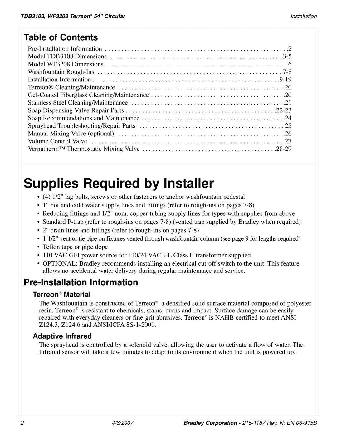 Bradley Smoker TDB3108 installation manual Supplies Required by Installer, Table of Contents, Pre-Installation Information 