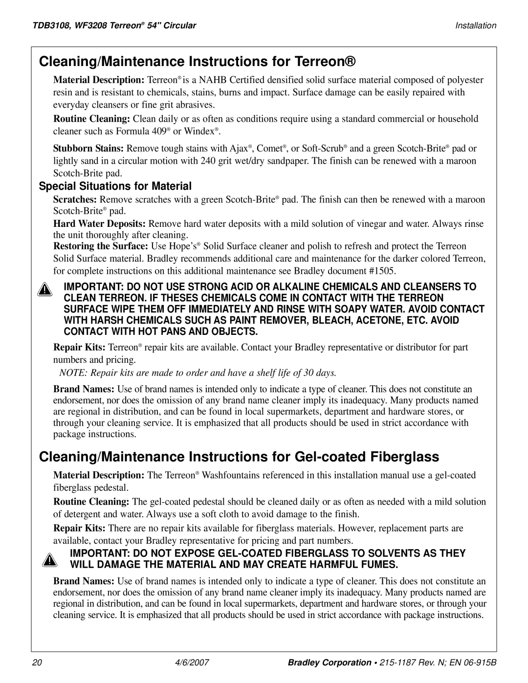 Bradley Smoker TDB3108 installation manual Cleaning/Maintenance Instructions for Terreon, Special Situations for Material 