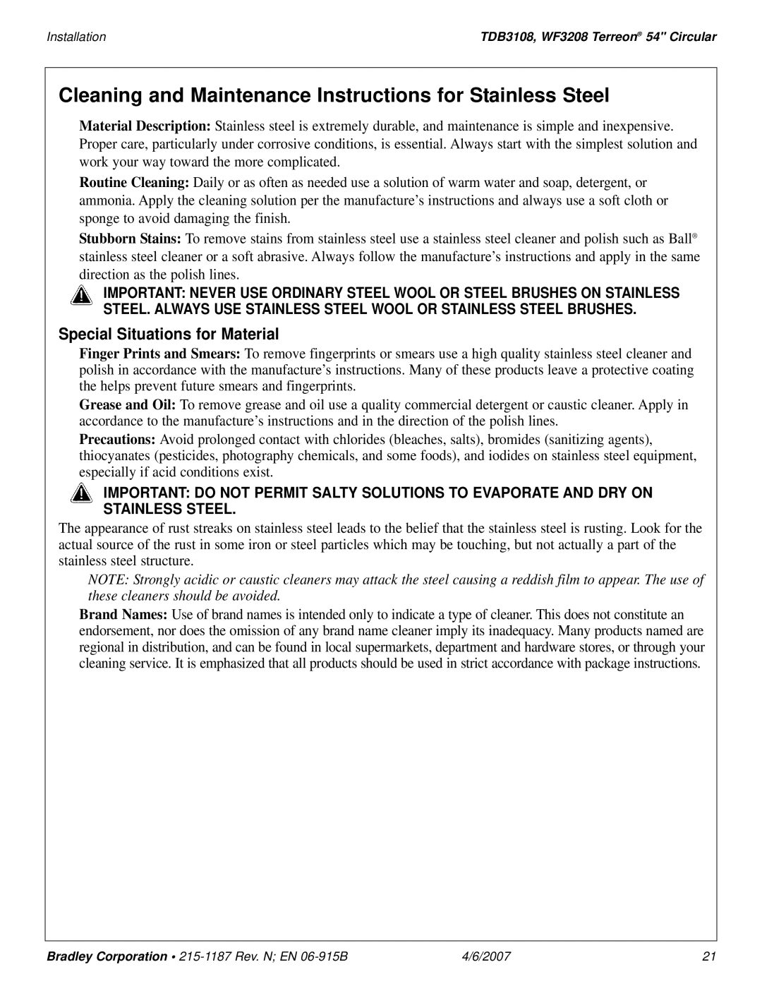 Bradley Smoker TDB3108 installation manual Cleaning and Maintenance Instructions for Stainless Steel 