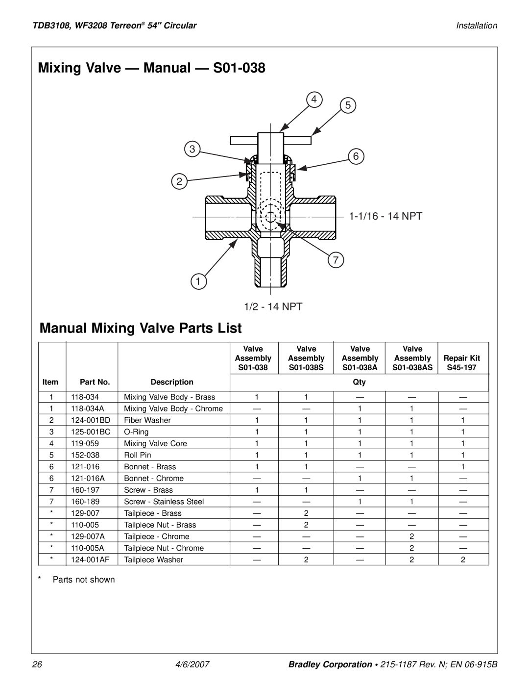 Bradley Smoker TDB3108 installation manual Mixing Valve Manual S01-038, Manual Mixing Valve Parts List 