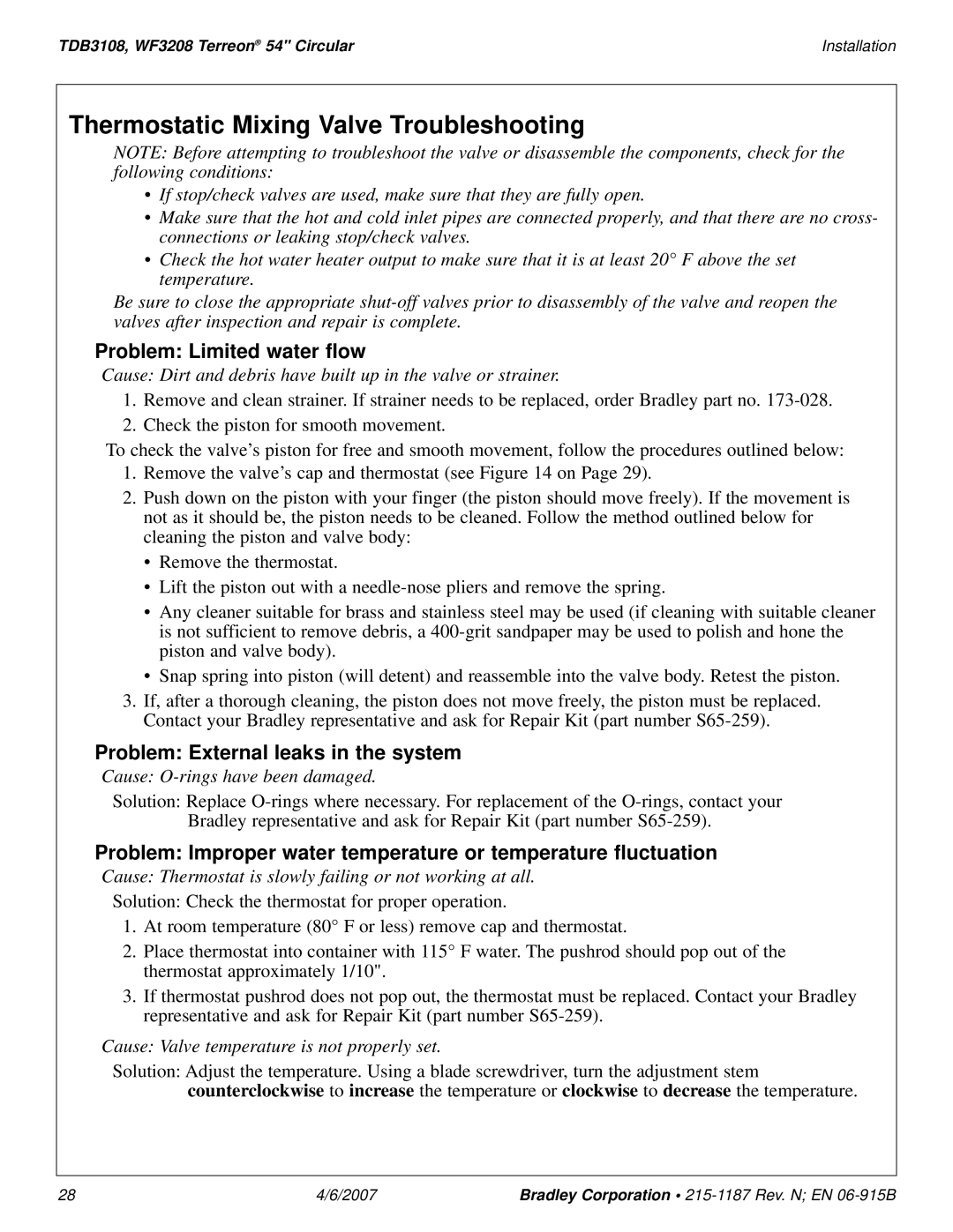 Bradley Smoker TDB3108 installation manual Thermostatic Mixing Valve Troubleshooting, Problem Limited water flow 