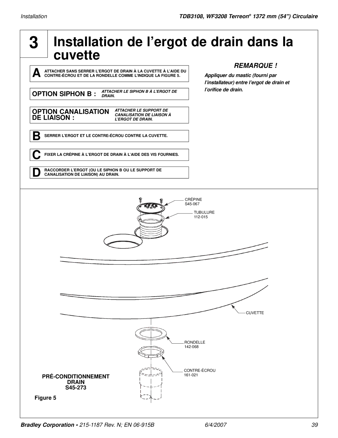 Bradley Smoker TDB3108 installation manual Installation de l’ergot de drain dans la cuvette, DE Liaison 