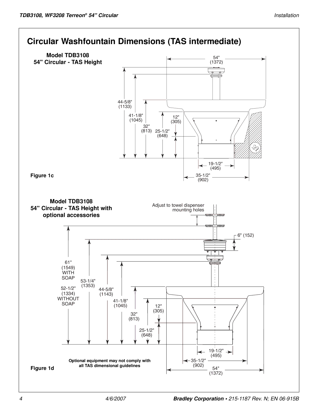 Bradley Smoker installation manual Circular Washfountain Dimensions TAS intermediate, Model TDB3108 Circular TAS Height 