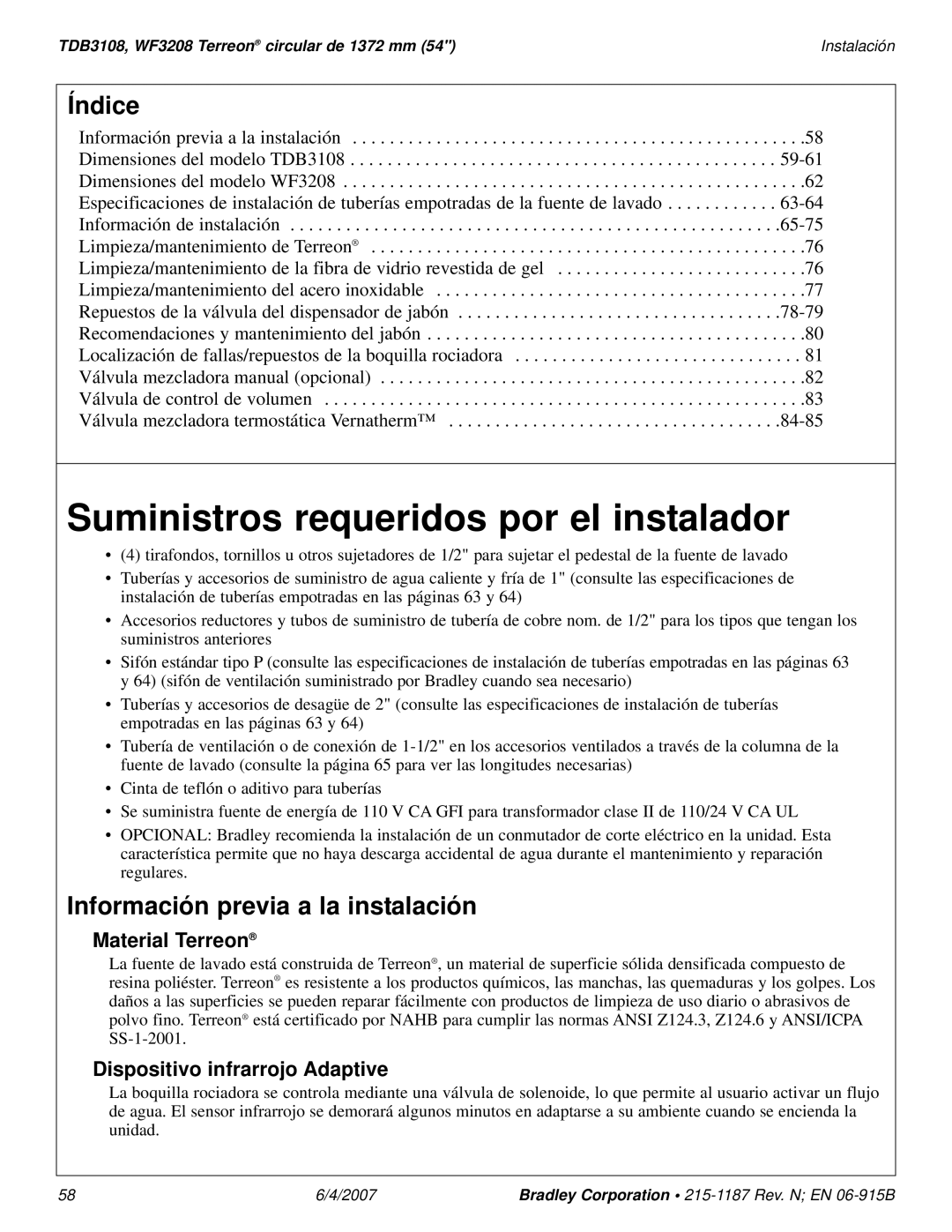 Bradley Smoker TDB3108 Suministros requeridos por el instalador, Índice, Información previa a la instalación 