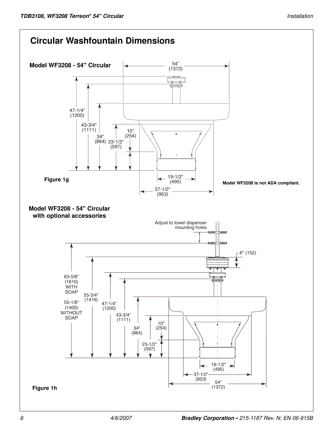 Bradley Smoker TDB3108 Circular Washfountain Dimensions, Model WF3208 54 Circular With optional accessories 