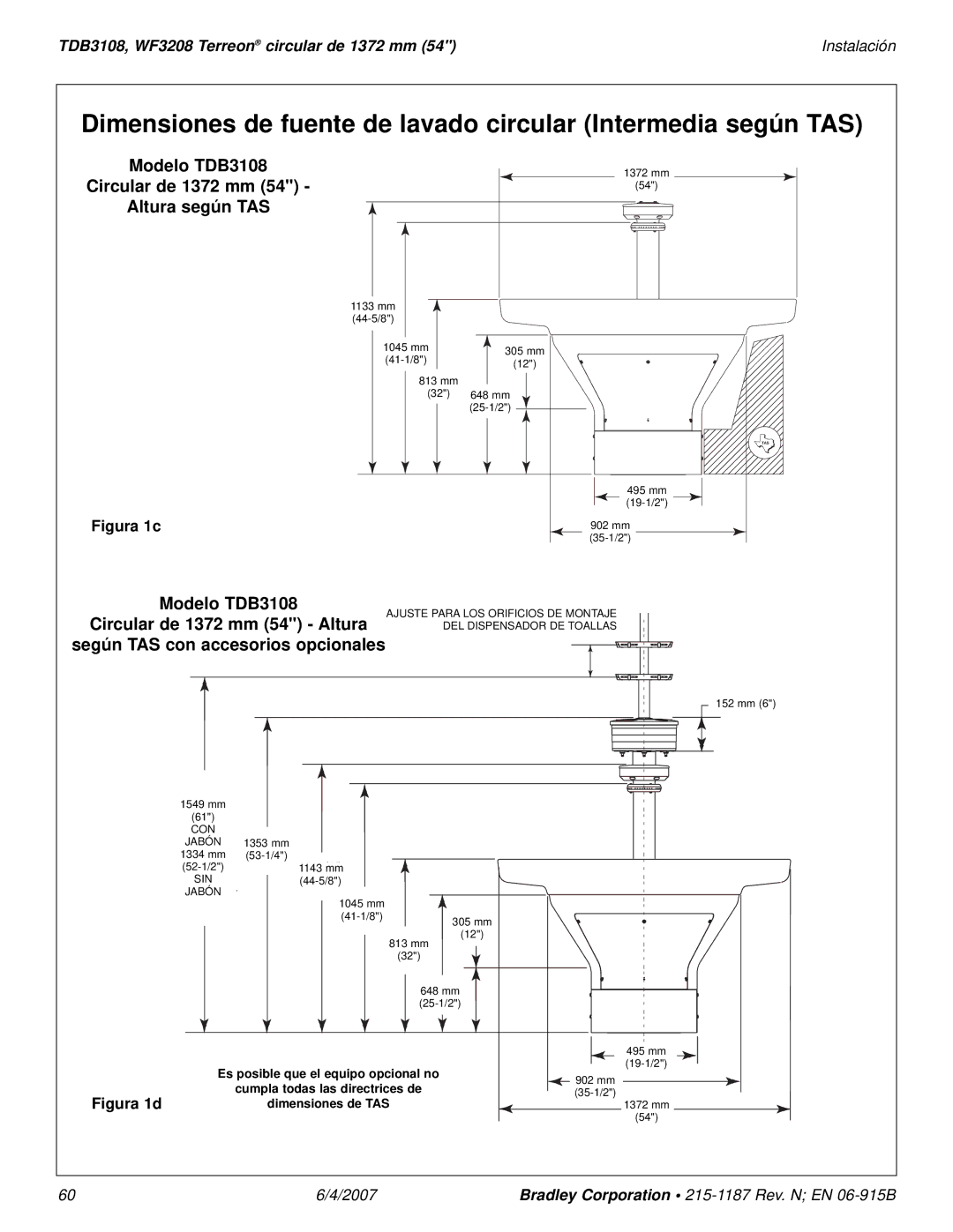 Bradley Smoker TDB3108 installation manual Circular de 1372 mm, Altura según TAS 