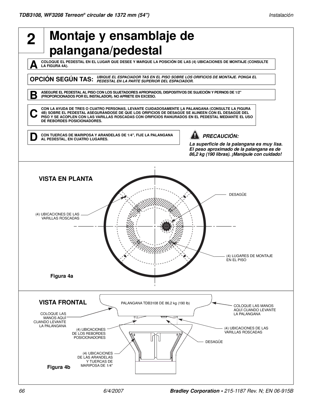 Bradley Smoker TDB3108 installation manual Montaje y ensamblaje de palangana/pedestal, Precaución 