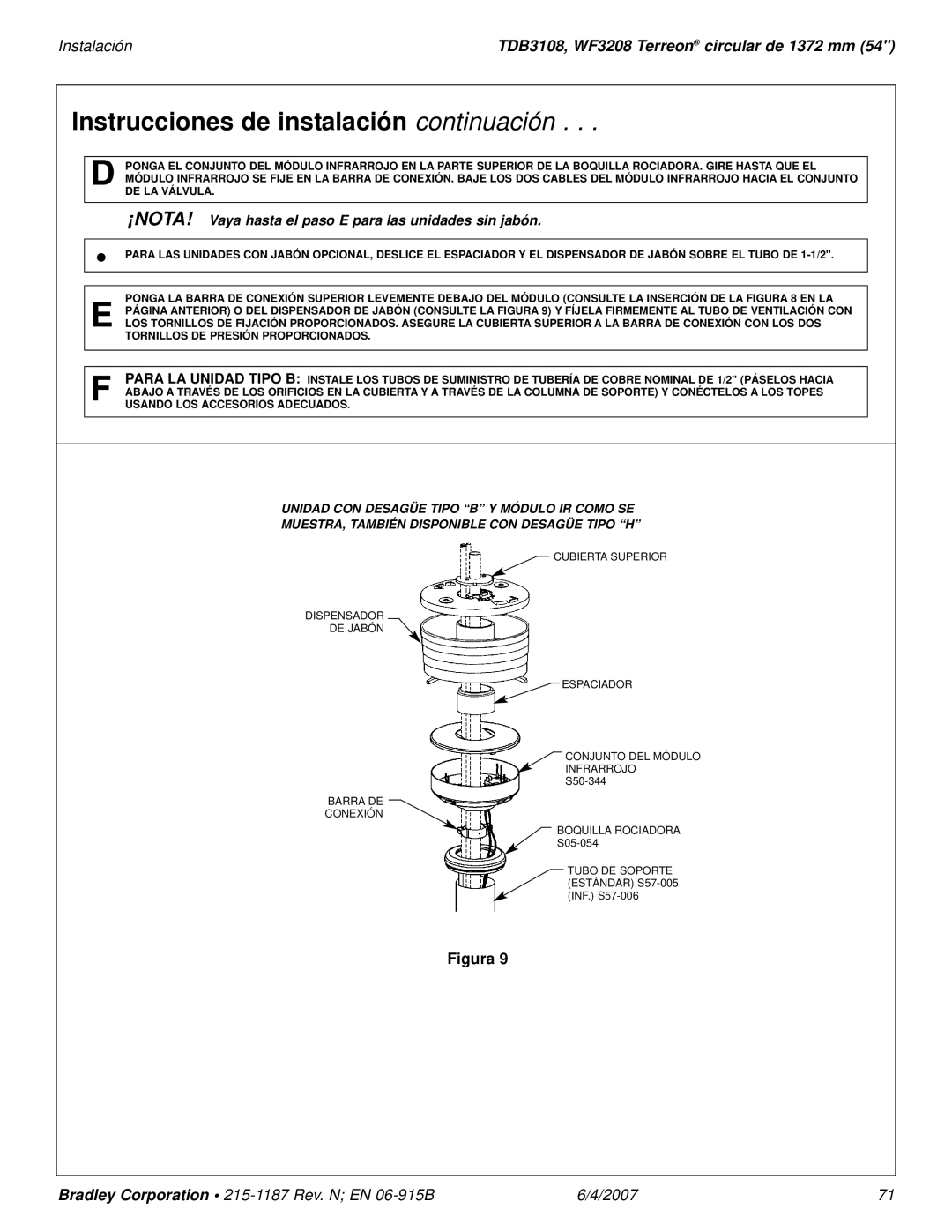 Bradley Smoker TDB3108 installation manual Barra DE Conexión Boquilla Rociadora 