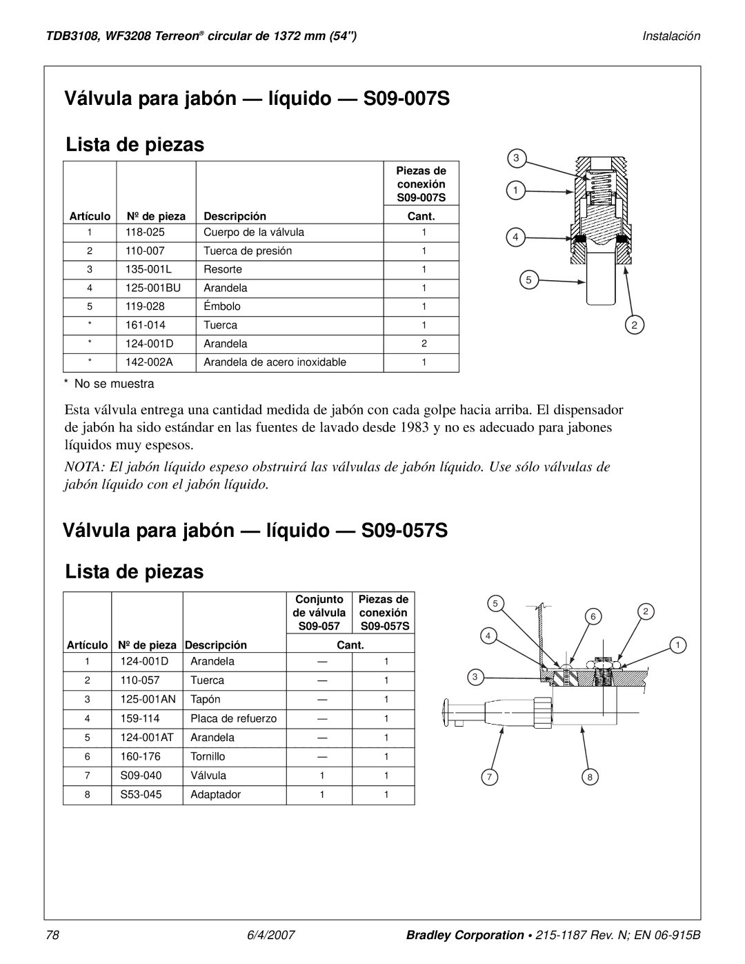 Bradley Smoker TDB3108 installation manual Válvula para jabón líquido S09-007S Lista de piezas 