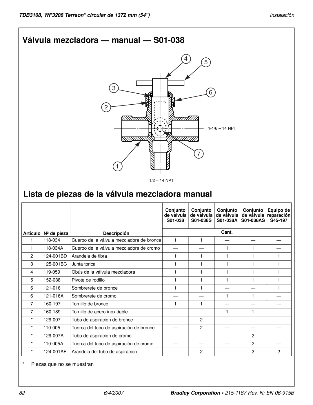 Bradley Smoker TDB3108 Válvula mezcladora manual S01-038, Lista de piezas de la válvula mezcladora manual 