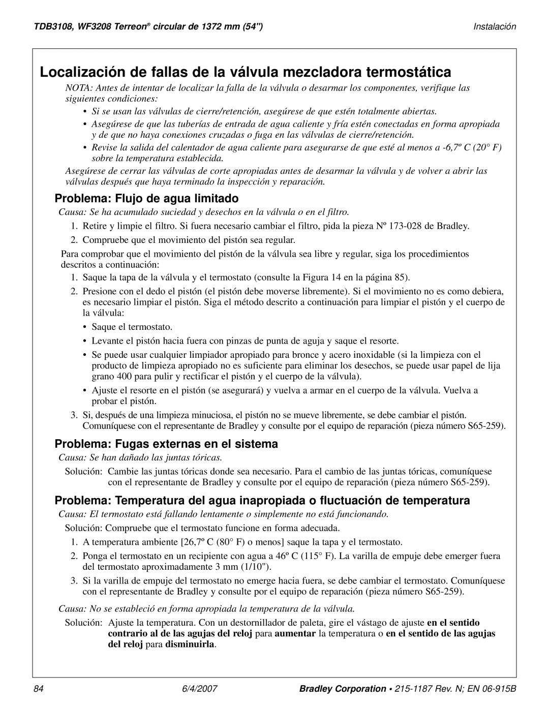 Bradley Smoker TDB3108 installation manual Problema Flujo de agua limitado, Problema Fugas externas en el sistema 