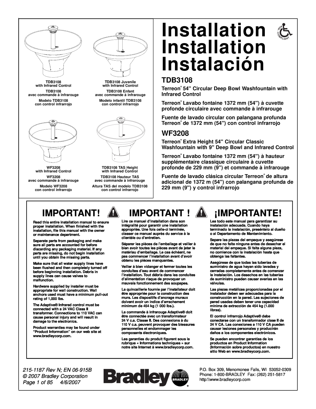 Bradley Smoker TDB3108 installation manual WF3208, Installation Installation Instalación, ¡Importante 