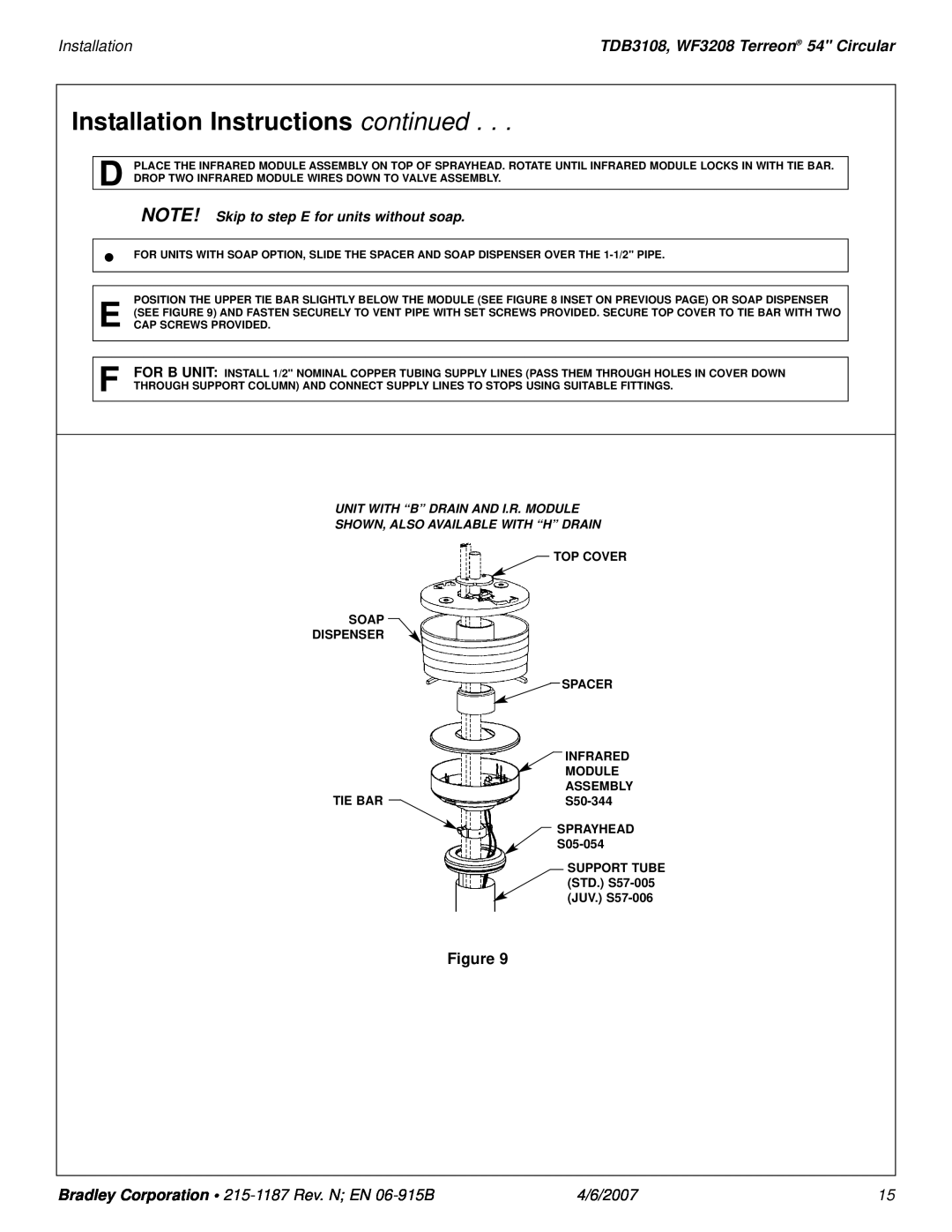 Bradley Smoker installation manual Installation Instructions continued, TDB3108, WF3208 Terreon 54 Circular, 4/6/2007 