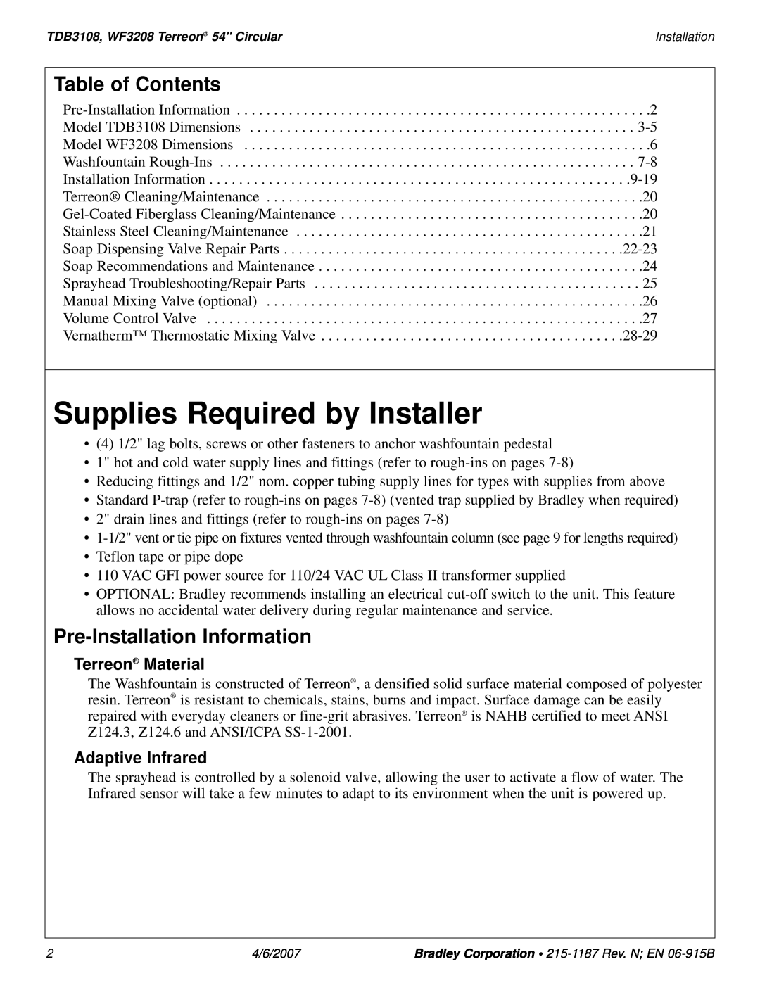 Bradley Smoker TDB3108 Supplies Required by Installer, Table of Contents, Pre-Installation Information, Terreon Material 