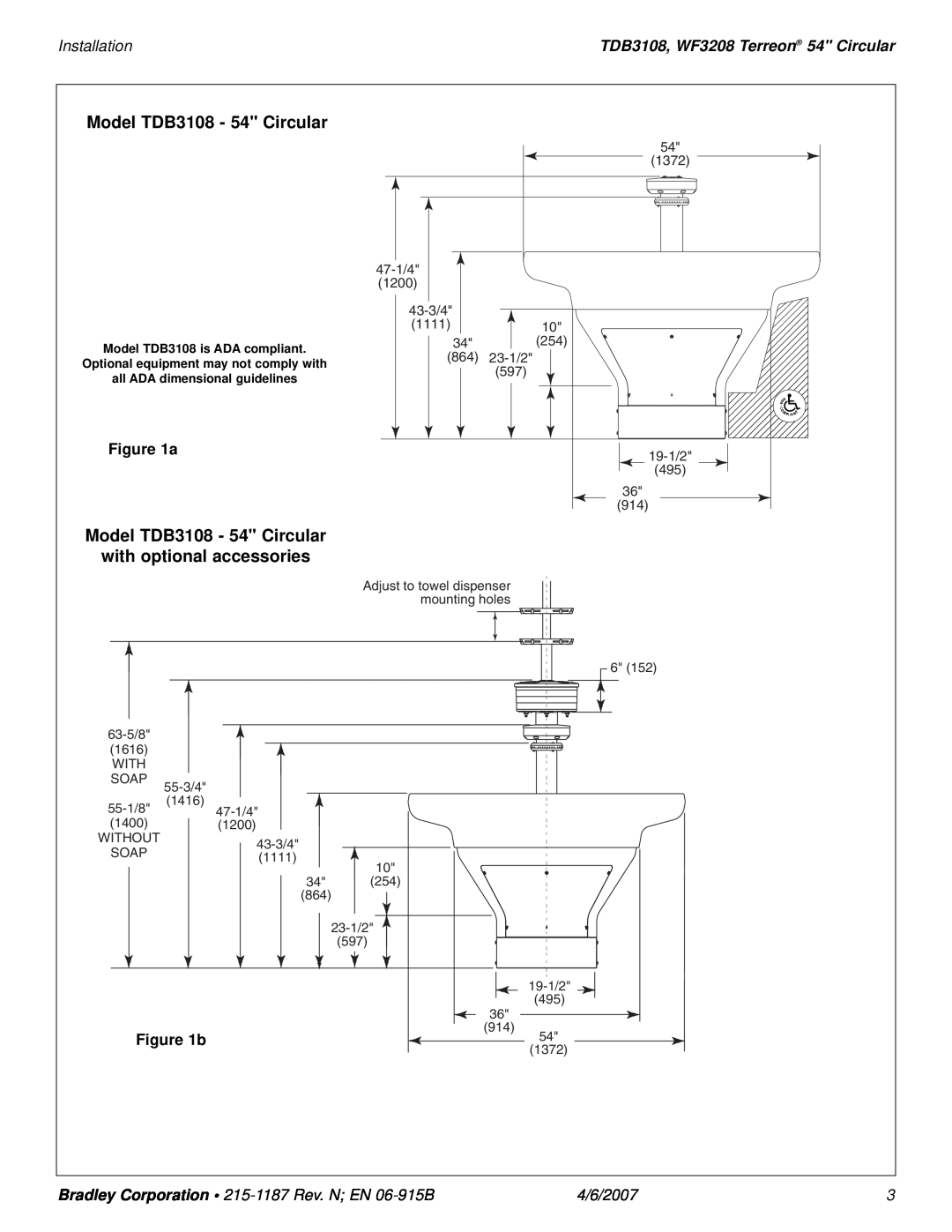 Bradley Smoker installation manual Model TDB3108 - 54 Circular with optional accessories, Installation, b, 4/6/2007 