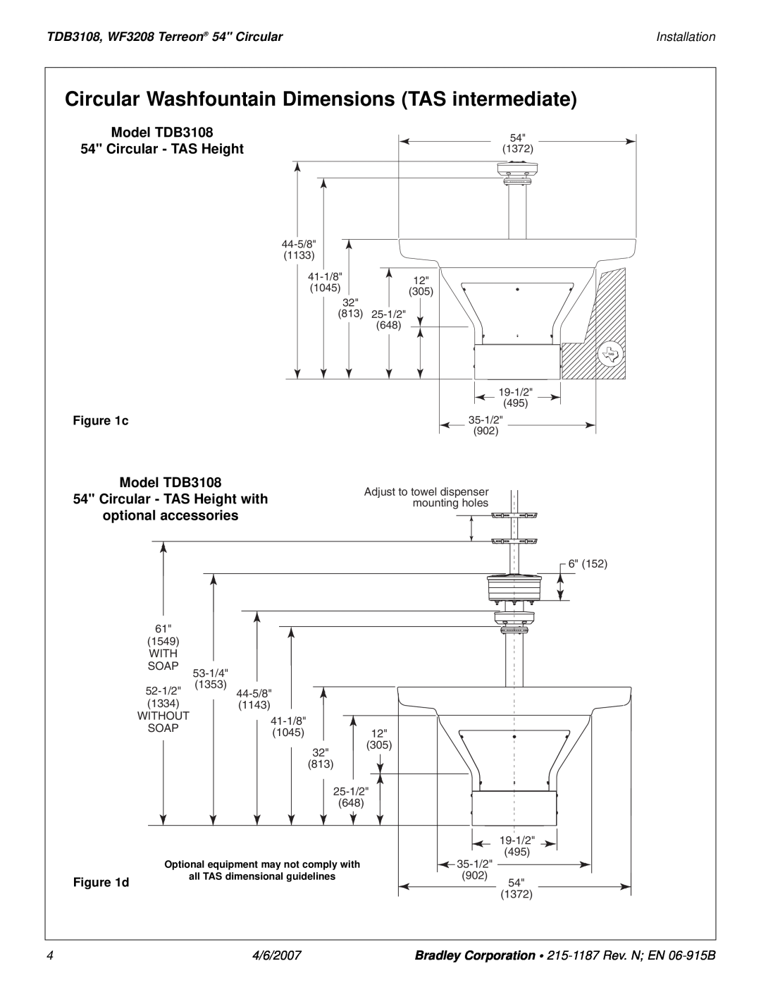Bradley Smoker Circular Washfountain Dimensions TAS intermediate, Model TDB3108 54 Circular - TAS Height, Installation 