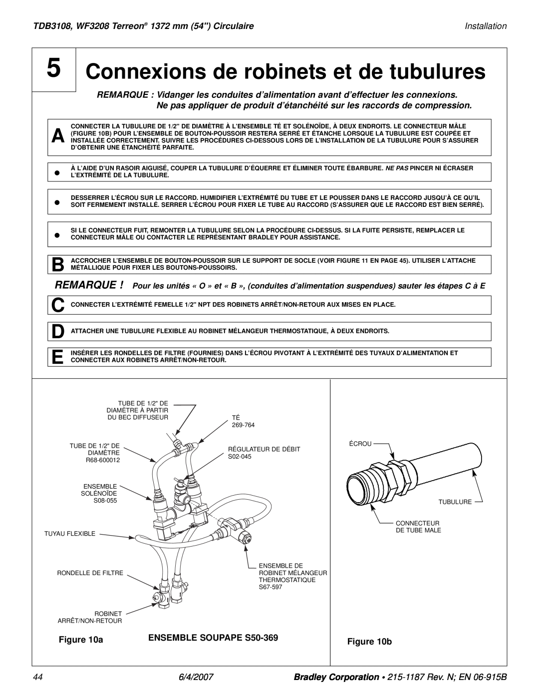 Bradley Smoker Connexions de robinets et de tubulures, TDB3108, WF3208 Terreon 1372 mm 54 Circulaire, Installation 