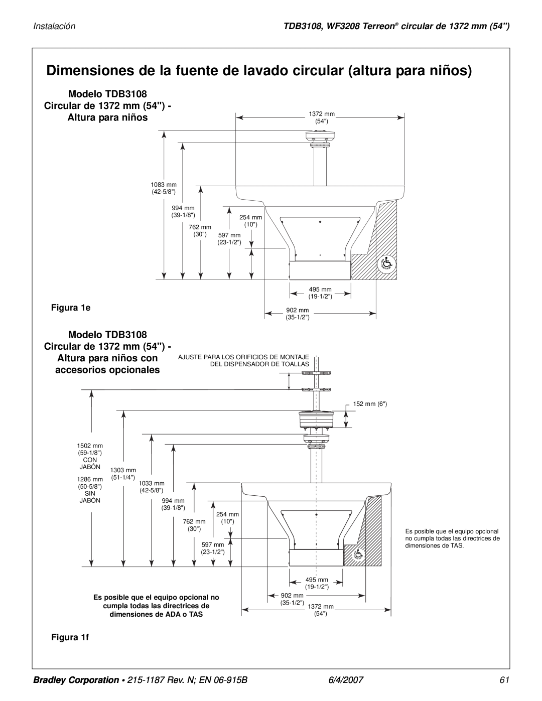 Bradley Smoker Dimensiones de la fuente de lavado circular altura para niños, Modelo TDB3108 Circular de 1372 mm 
