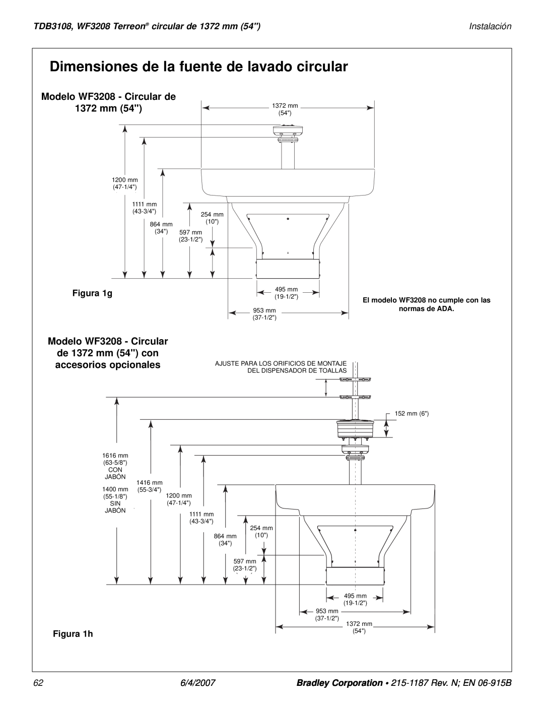 Bradley Smoker TDB3108 Dimensiones de la fuente de lavado circular, Modelo WF3208 - Circular de, 1372 mm, Instalación 