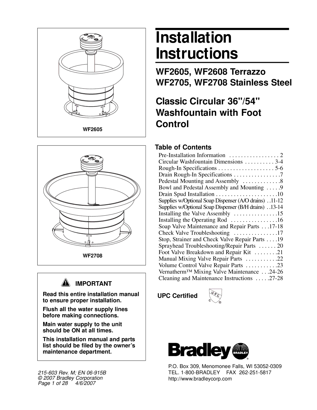Bradley Smoker WF2605, WF2708 installation instructions Installation Instructions, Table of Contents 