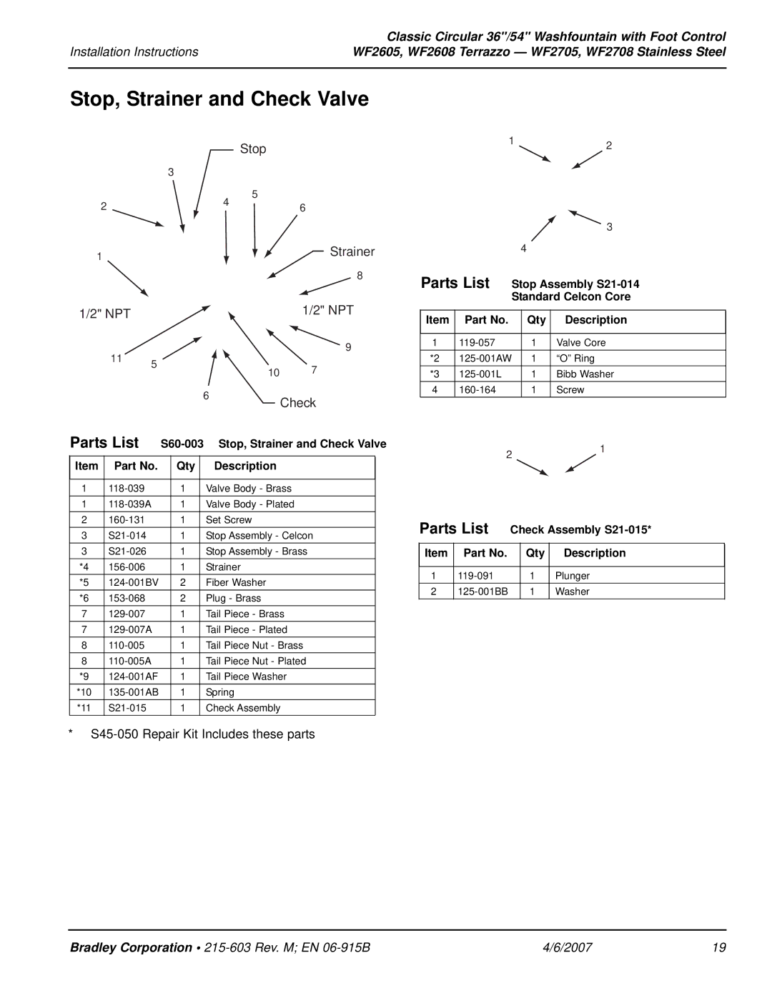 Bradley Smoker WF2605, WF2708 installation instructions Stop, Strainer and Check Valve 