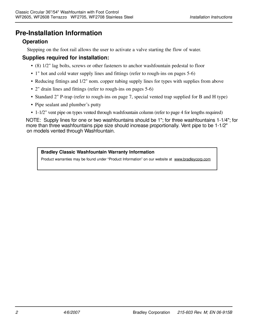 Bradley Smoker WF2708, WF2605 Pre-Installation Information, Operation, Supplies required for installation 