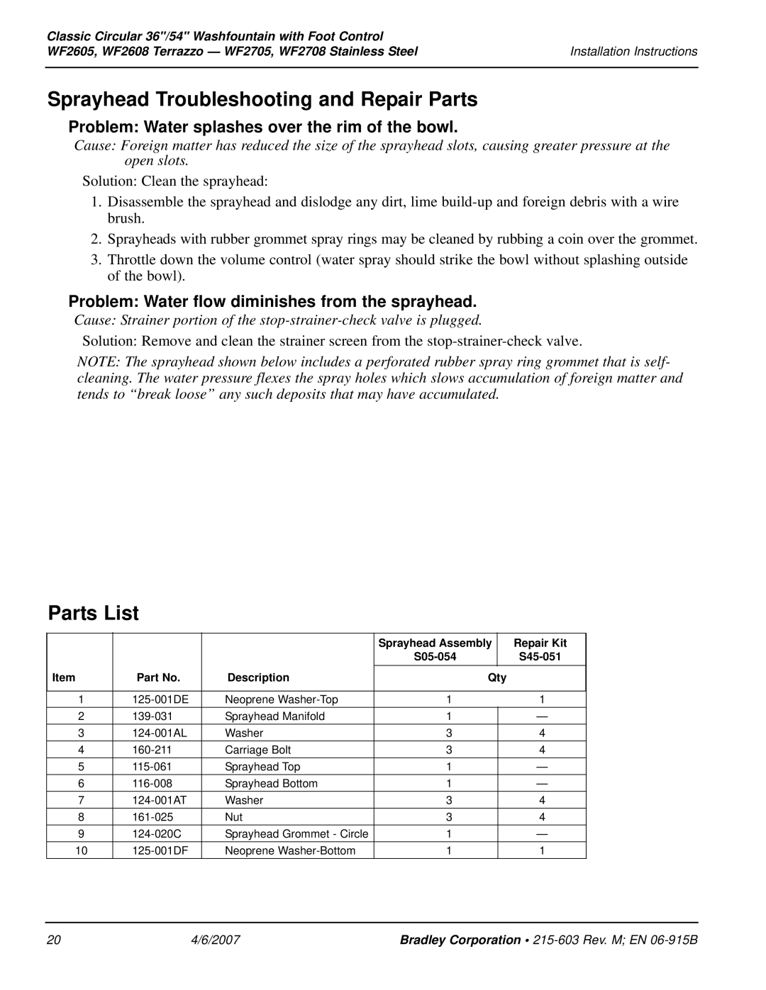 Bradley Smoker WF2708, WF2605 installation instructions Sprayhead Troubleshooting and Repair Parts, Parts List 