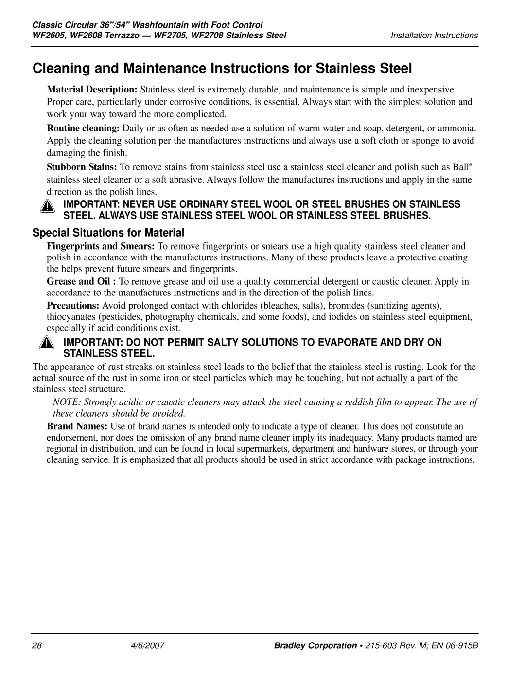 Bradley Smoker WF2708, WF2605 Cleaning and Maintenance Instructions for Stainless Steel, Special Situations for Material 