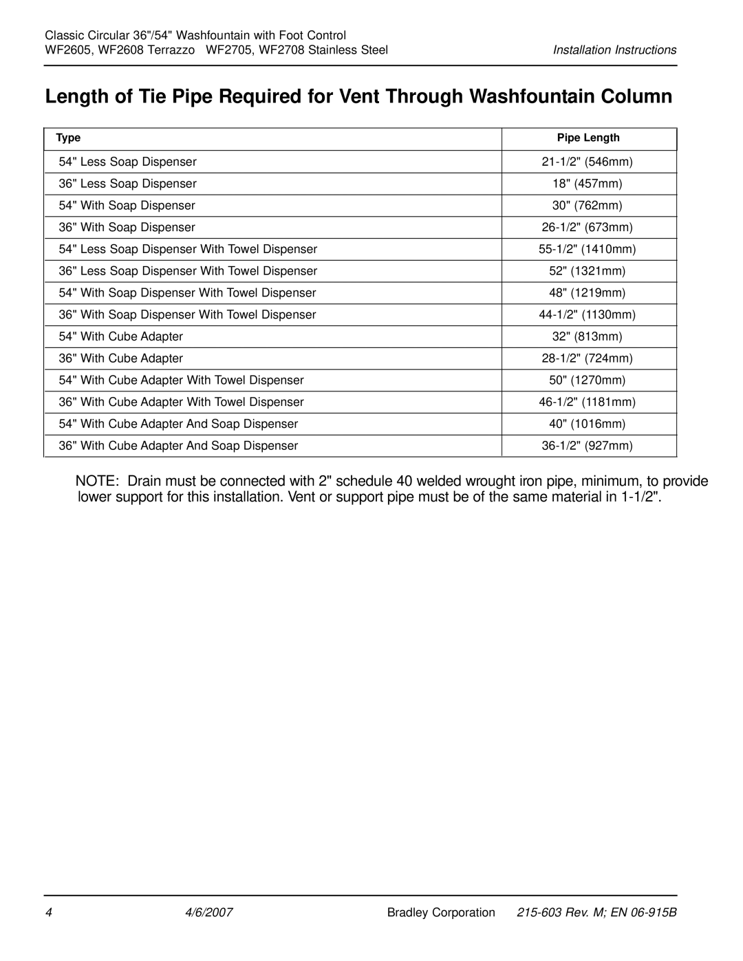 Bradley Smoker WF2708, WF2605 installation instructions Type Pipe Length 