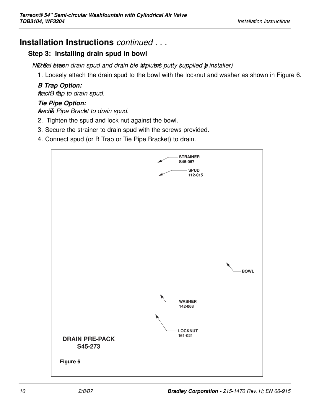 Bradley Smoker WF3204, TDB3104 installation instructions Installing drain spud in bowl, Tie Pipe Option 