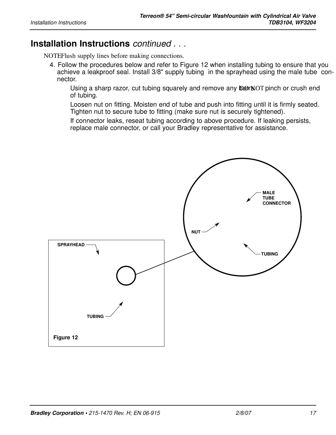 Bradley Smoker TDB3104, WF3204 installation instructions Sprayhead Male Tube Connector NUT Tubing 