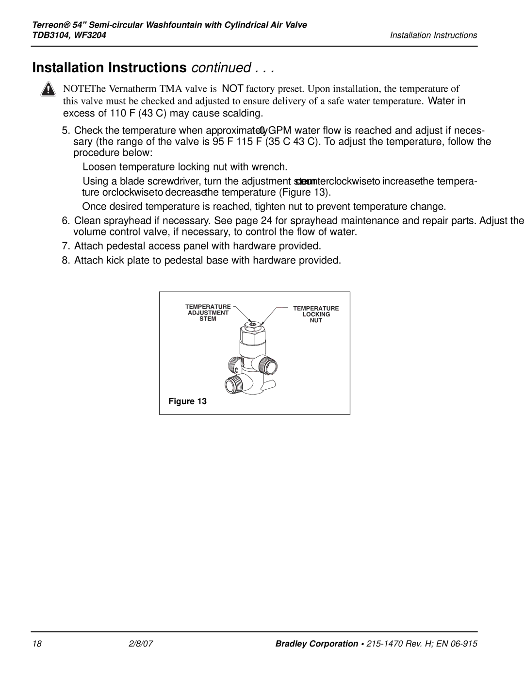 Bradley Smoker WF3204, TDB3104 installation instructions Excess of 110F 43C may cause scalding 